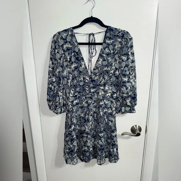 REISS Daisy Puff Sleeve Print Mini Dress in Blue Print Size 6 - Picture 5 of 10